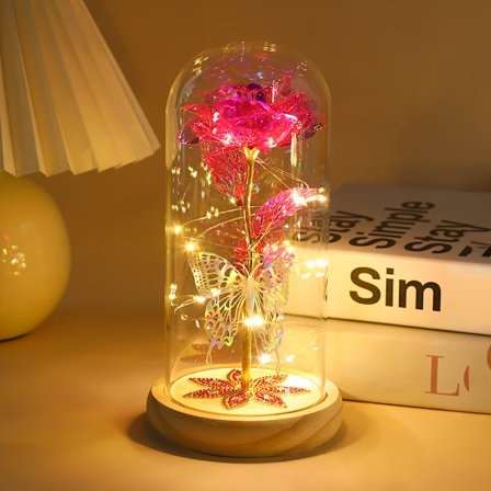 Simuleret guldfolie rose med syv-stjernet diamantglas lampeskærm - Evig rose dekorativt stykke - Pink