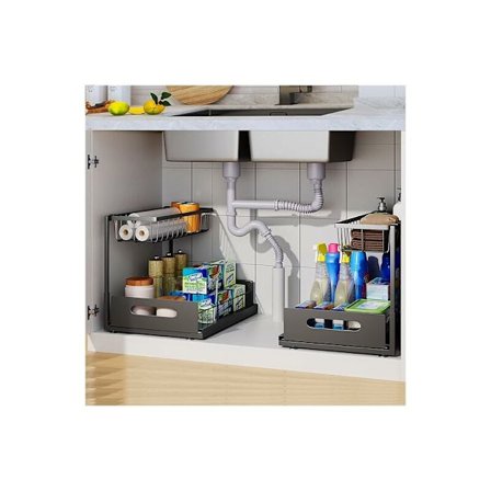 2 stk underskapslagring, 2-lags glidende skaparrangør, multifunksjonell for underskapslagring og organisering på kjøkken og bad (svart) KLB