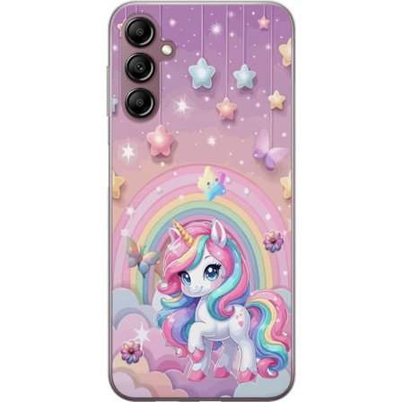 Yhteensopiva Puhelinkuori Samsung Galaxy A14 5G Maaginen yksisarvinen, jolla on sateenkaarimane, tähtiä ja perhosia vasten pastellinväristä taivasta,