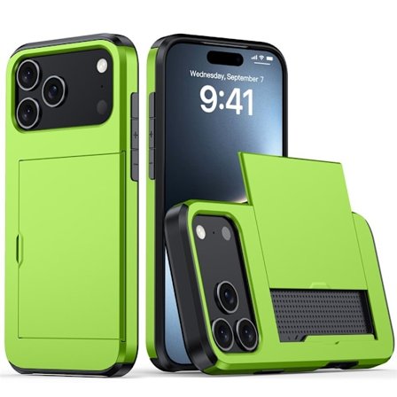 Etui til iPhone 17 Pro Grønn Skyve Kort Holder Lommebok