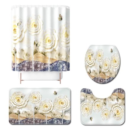 Fyrredelt Sæt af Malede og Trykte Gulvmåtter med Præget Blommeblomst Fugl Polyester Bruseforhæng, N03