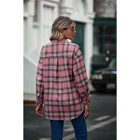 Rutete langermet skjorte dame Button Down ullblanding tynn jakke Casual blusetopper med lomme Pink