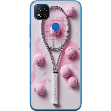 Kompatibel Mobilcover til Xiaomi Xiaomi Redmi 9C Rosa glaskugler og tennisketsjer i et kreativt stillbillede med legende popfølelse og moderne design