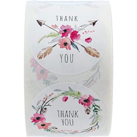 Snygga tack-klistermärken / 1,5" tack-etiketter / 6 blommiga och fjäder tack-designer / 500 tack-klistermärken