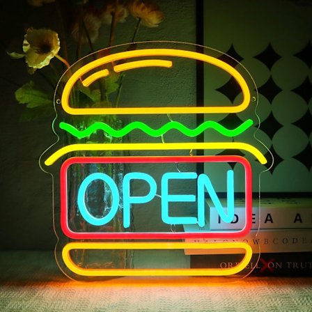 Åbent Neon Skilt, Burger Neon Skilt Vægdekoration, Åbent Neon Lys til Burger Shop Fastfood Shop Forretning Køkken Bar Restaurant Klub Butik Hotel