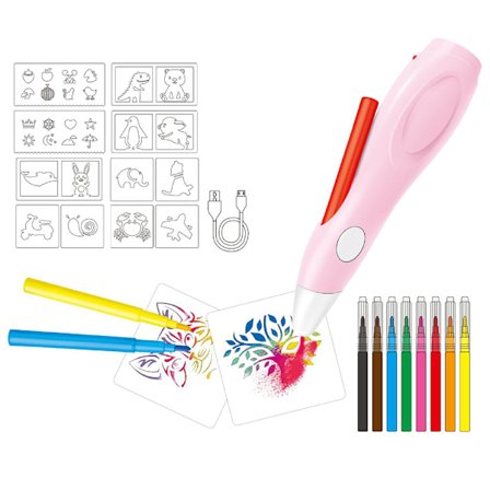 Sähköinen maalisuihkutuskynä, airbrush-setti lapsille, jossa 8 huopakynää ja 13 sapluunaa, hauska airbrush-maalisuihke lapsille, myrkytön