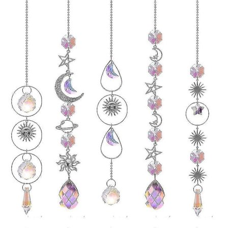 5 stk Fargerike Krystall Solfangere Med Kjede, Krystallprisme Henger For Jul, Bryllup