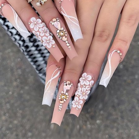 Press-on Naglar Långa - Vita Blommor Press-on Naglar Kista Form, Glansig Rosa Falska Naglar med Limklistermärken, Återanvändbara Klisternaglar i 12 