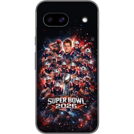 Yhteensopiva Puhelinkuori Google Pixel 8a Super Bowl 2026 juliste, jossa New England Patriots ja NFL-mestaruuspalkinto räjähtävän urheilullisessa suun