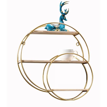 Runde flytende hyller Veggmontert hylle Robust tre Gull Metall Dekorativ hylle for Stue Soverom Bad Kjøkken Kontor Stue Vaskerom