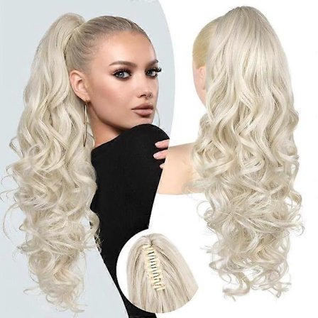 Klämman Blont med Slingor Hästsvansförlängning, 61 cm Lång Lockig Vågig Klämma i Hästsvans Hårförlängningar, Käkklämma på Hästsvansar Fluff