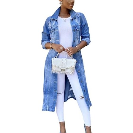 Dame Distressed Hole Over Knee Midi Lang Denim Jakke Trenchcoat, STØRRELSE