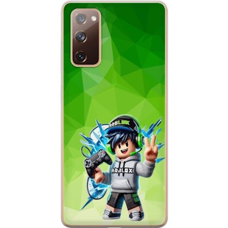 Kompatibelt Mobildeksel til Samsung Galaxy S20 FE Roblox-inspirert gamerfigur med headset, håndkontroll og energiske effekter mot grønn bakgrunn