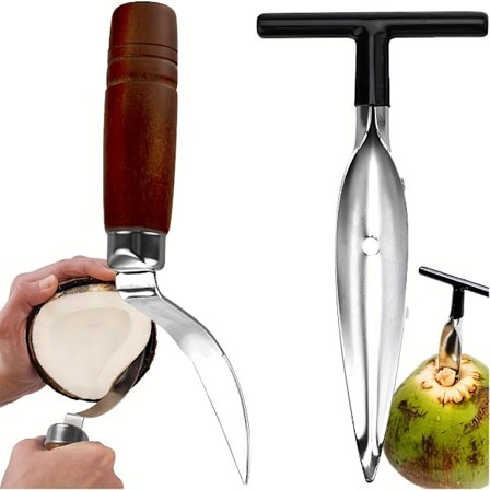 Kokosnøddeåbner værktøjssæt med skraber i rustfrit stål og skridsikkert træhåndtag