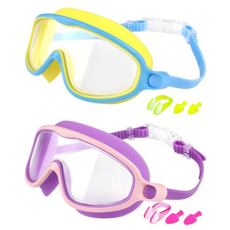 Svømmebriller 2-pak, bredt synsfelt, antidug og UV-beskyttelse, lækagesikre til voksne mænd, kvinder og børn (blå og lilla)