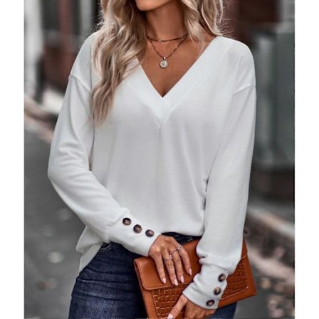 Dam Blus Långärmad V-ringning Enfärgad Manschett Knapp Dekoration Dam Skjorta för Höst Vinter Vit L