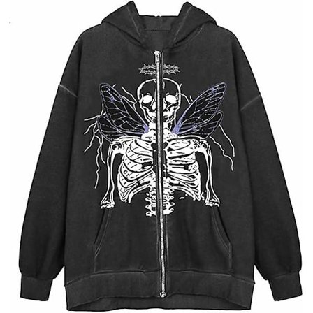 Dam Hoodie med Full Dragkedja Halloween Långärmad Grafisk Jacka Goth Tröja Tjej Streetwear (färg mörkgråvit.storlekar