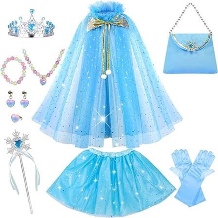 Prinsessklänning för Liten Flicka, 11-Delars Prinsessakappa med Krona, Prinsessklänningar för Flickor 3-8 Års Födelsedagspresent (Blå) Blue