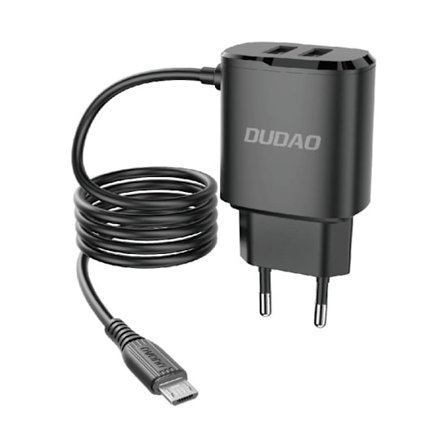Dudao 2x USB Väggladdare med built-in micro USB 12 W Kabel Svart