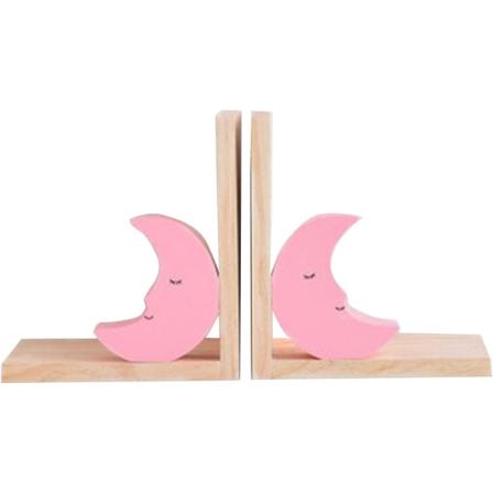 Puinen lasten kirjanpäätysetti - Vaaleanpunainen kuu - Kirjanpidike kirjahyllyille, hyllyille, lastenhuoneeseen tai kouluun pink
