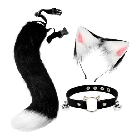Søte katteører Hale Cosplay Halloween Plysj Hodebånd Fest Voksne Black White