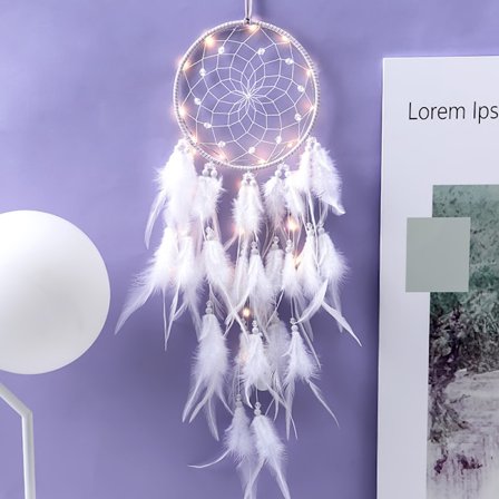 (Lila) Fjäderdrömfångare, Handgjord Luminous Dream Catcher M