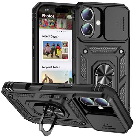 Hybridskal iPhone 16 Ring + Kamerabeskyttelse Sort