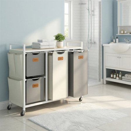 Vasketøjskurvvogn med 4 rum og hylde - Hvid