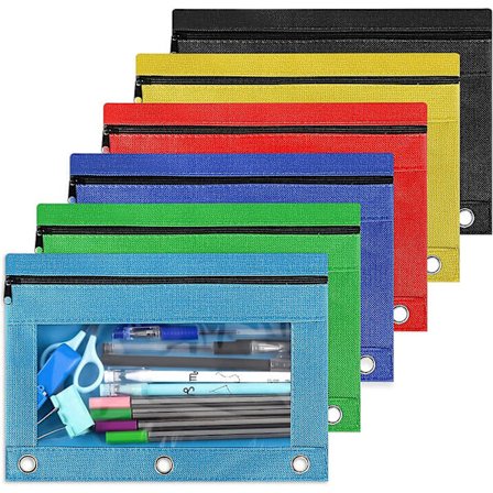 Blyantpose til 3-ringsbind, 6 pak 3-huls lynlåsblyantposer, Oxford stof blyantetui med klart vindue til kontor skole universitetsforsyninger