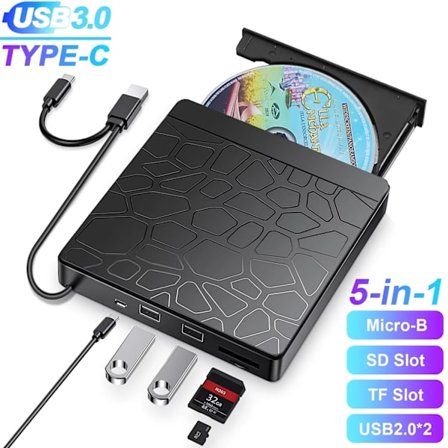 Ulkoinen CD-DVD-asema kannettavalle tietokoneelle, 5-in-1 USB 3.0 Type-C CD-DVD-ROM +/-RW polttava kirjoituslukija