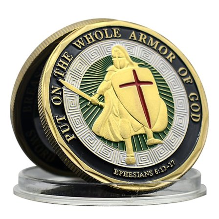 Ta på dig Guds hela vapenrustning Minnesmynt, Färgpläterat Riddarutmaningsmynt med Korsskölddesign, Religiös trosmedalj för samling, D