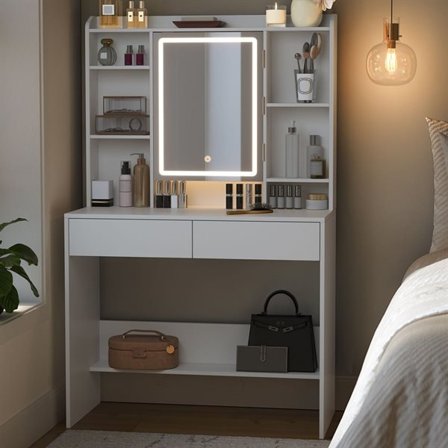 Sminkebord med speil og justerbar LED-belysning - Hvit