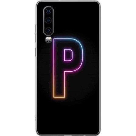 Kompatibel Mobilcover til Huawei Huawei P30 Minimalistisk neonbogstav P i farvegradient og lyseffekt mod sort baggrund i digital neonstil