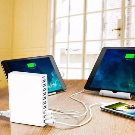 (Hvit) Lader - DILWE - 50W 10A - 10 USB-porter - Hurtiglading - Universal 100-240V