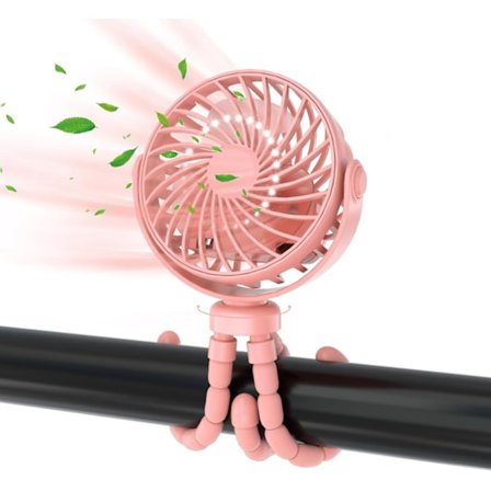 Mini Stroller Fan, Fan with Flexible Tripod, Portable Multifunctional Fan - Rechargeable, 360° Rotation, with Night Light & Stand, Pink