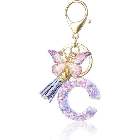 Alfabet Initial Bokstav Nyckelring, Lila Initial Bokstav Nyckelring med Fjärilstofs Hänge Resin Bokstav Nyckelring för Kvinnor Plånböcker Bokstav.