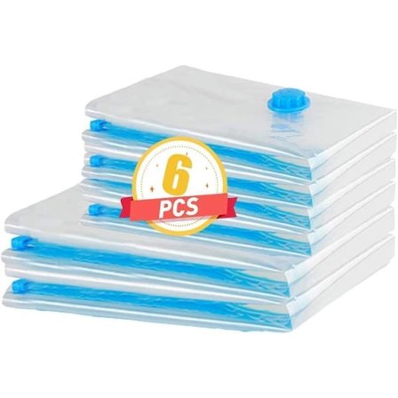 6 vakuumipussia, mukaan lukien 2 keskikokoista (60 x 80 cm), 4 pientä (40 x 60 cm) uudelleenkäytettävää matkatavaraa varten tarkoitettua vakuumipussia