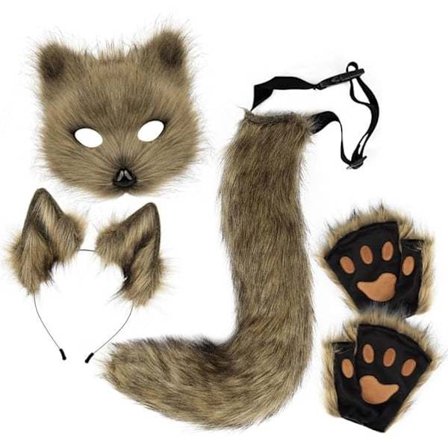 Pehmolelumaski, jossa on ketunhäntä ja korvat, kissanhäntä kettupuku cosplay-asu kissankorvilla ja tupsukäsineillä halloween cosplay vihreä vihreä