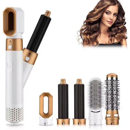 5-in-1 automaattinen kiharrin hiustenkuivaajalla, sisältää muotoilukampan, kiharruskamman, keraamisen kiharruspuikon, valkoinen