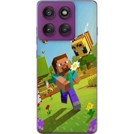 Yhteensopiva Puhelinkuori Motorola Edge 60 Pro Minecraft Steve roskapussin kanssa värikkäässä lohkomaailmassa leikkisä peli-illustraatio Minecraft-uni