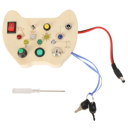 Sensorisk tavle for barn med fargerike knapper, lys og lærebryter