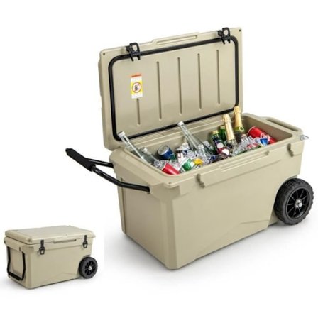 COSTWAY bærbar køleboks 71L på hjul - Uovertruffen isolering - Kold i 5 til 7 dage - Kopholder - Fiskelineal - Flaskeåbner - Brun