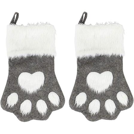 Julstrumpor för hund och katt med tassmotiv, plysch & rutig hängande strumpor för juldekorationer (stor/18 tum, 2-pack/grå)