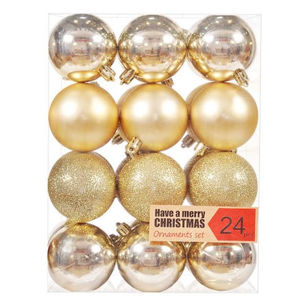 24-pakning julekuler med snorer, knusesikre julekuler i plast