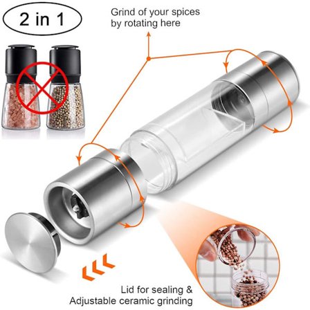 Dobbelt salt- og peberkværnsæt 2 i 1 peber-saltkværn, elegant rustfrit stål med justerbar keramisk kværn