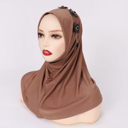 Solid Färg Handsydd Blomkristall Sten Scarf Muslim khaki