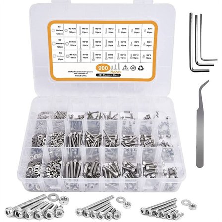 900 stk. skruer, bolte og møtrikker, bolte, møtrikker, skiver, sortimentssæt