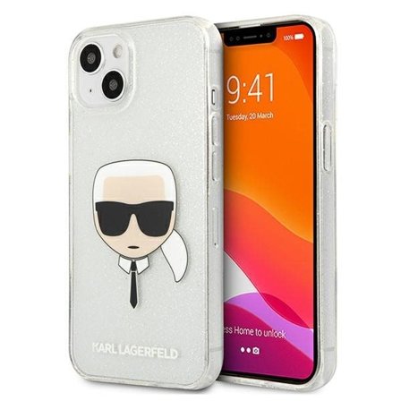 Karl Lagerfeld Glitter Karl's Head tapauksessa iPhone 13 mini - hopea