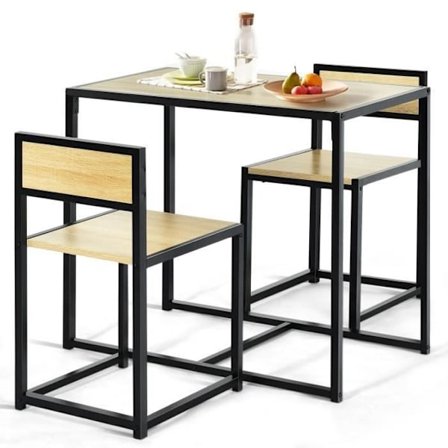 COSTWAY Matbordsset 1 bord och 2 stolar Inbyggd modern industriell stil för matsal, Bistro Natural