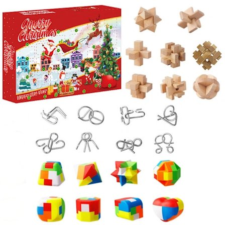 Julekalender 2025 Puslespil, Adventskalender, 24 Dage Træpuslespil, Metalpuslespil og Plastpuslespil, Hjernegymnastik, til Børn, Teenagere, Voksne & 
